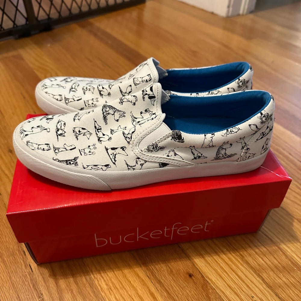 Bucketfeet Slip-On Shoes - White with Black Dogs Print by Bark & Co.